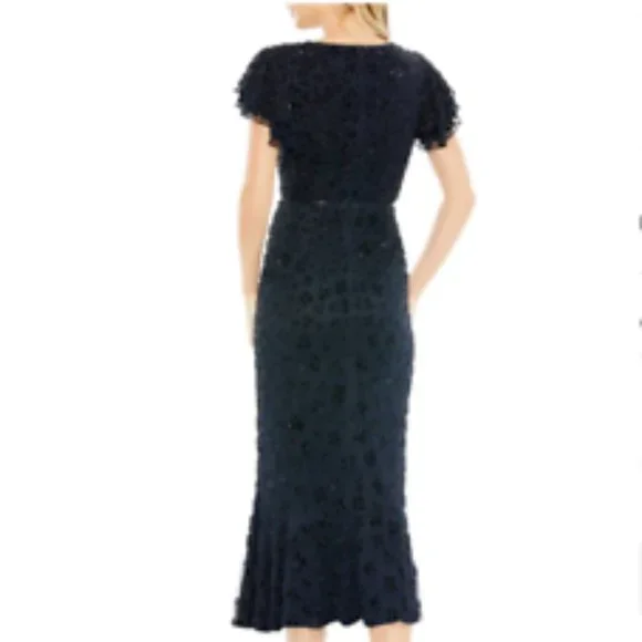 MAC DUGGAL 10771 FLOUNCE SLEEVE MIDI MIDNIGHT NAVY MIDI DRESS sz 6